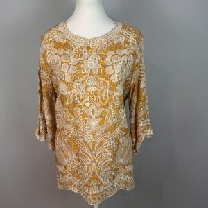 Solitaire Womens Yellow Floral Embroidered Scallop hem 3/4 Sleeve Boho Blouse XL